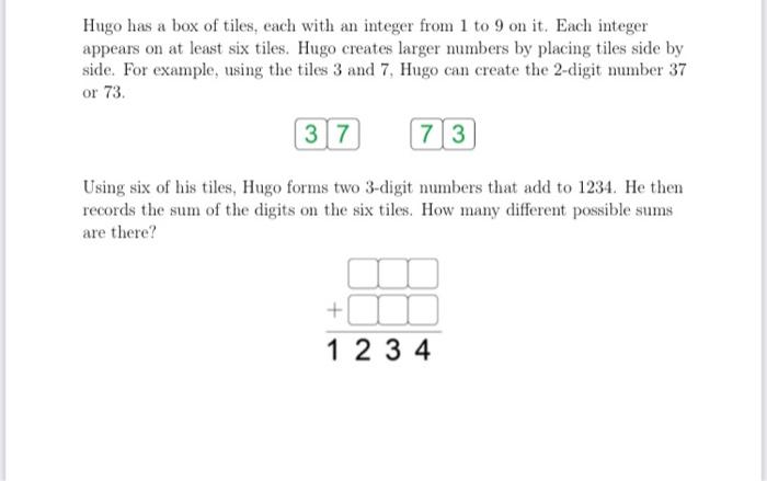 Solved Hugo has a box of tiles, each with an integer from 1 | Chegg.com