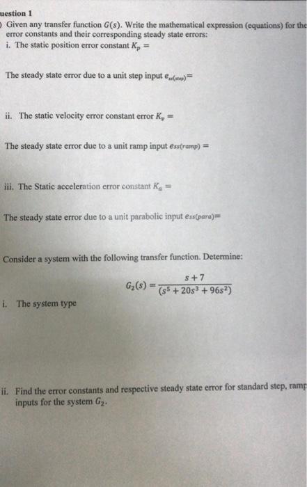 Solved Given any transfer function G(s). Write the | Chegg.com