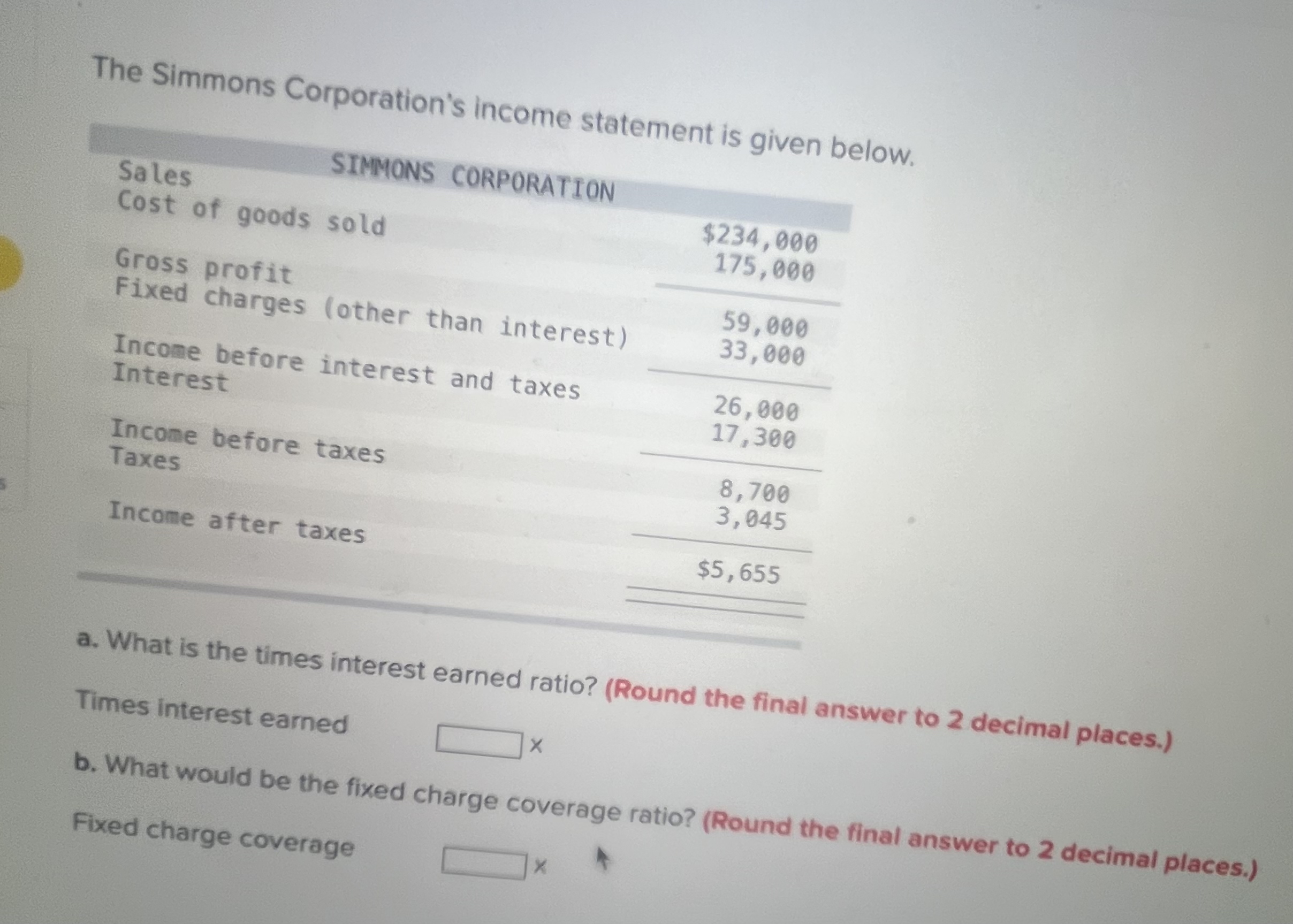 Solved The Simmons Corporation's income statement is given | Chegg.com