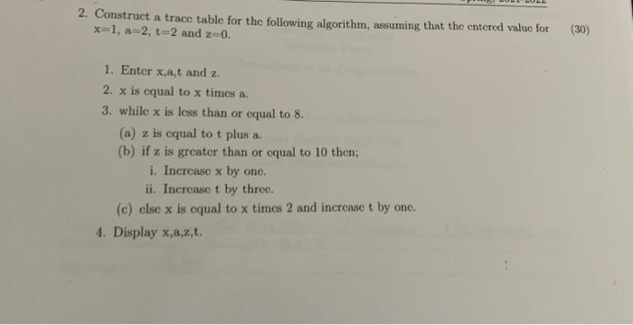 Solved 2. Construct a trace table for the following | Chegg.com
