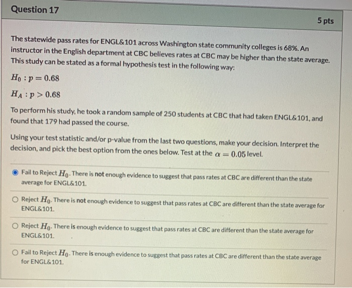 Solved Question 17 5 pts The statewide pass rates for