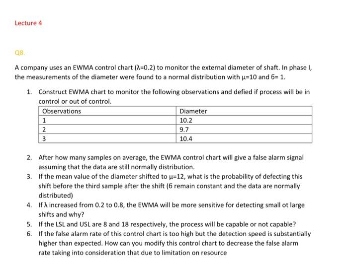 Solved A company uses an EWMA control chart (λ=0.2) to | Chegg.com
