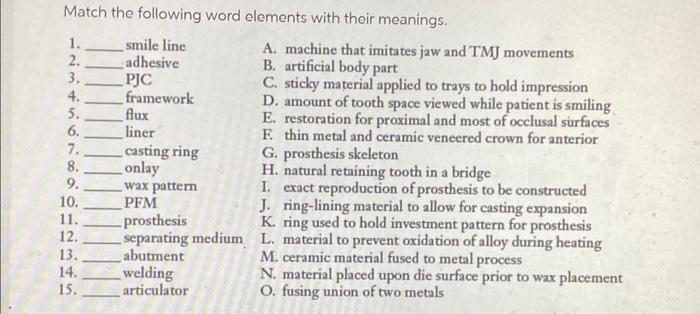 Match the following word elements with their | Chegg.com