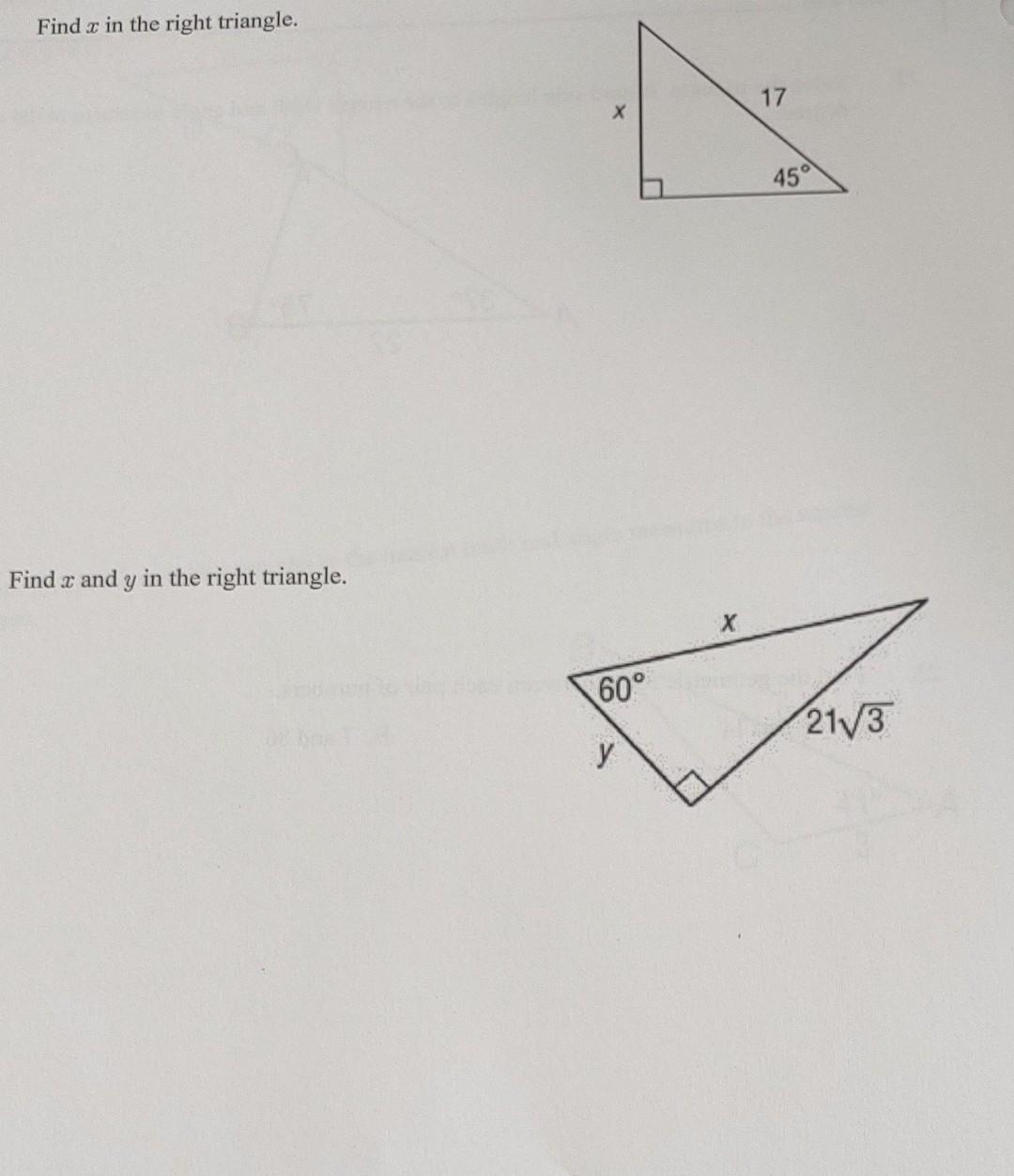 find the value of x and y in a right triangle