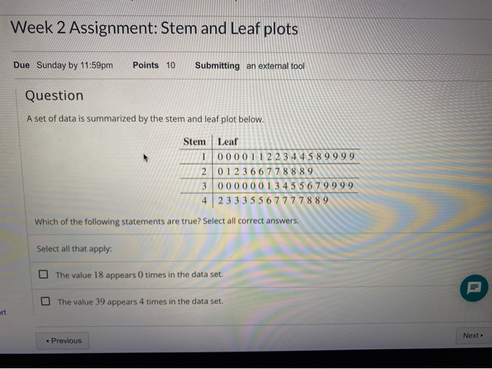 Solved Week 2 Assignment: Stem and Leaf plots Due Sunday by | Chegg.com