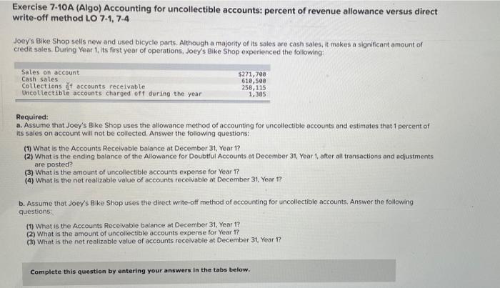 Solved Exercise 7-10A (Algo) Accounting for uncollectible | Chegg.com