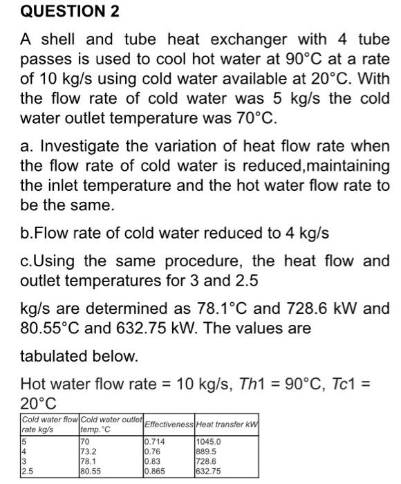 Solved QUESTION 2 A shell and tube heat exchanger with 4