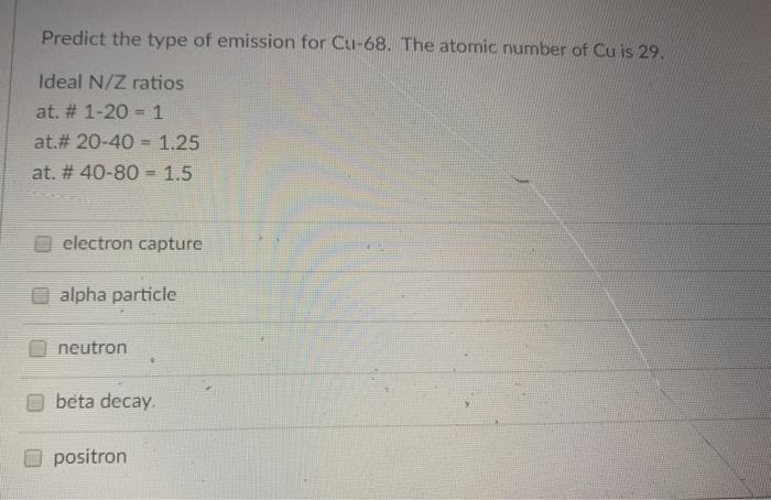 Solved Predict the type of emission for Cu-68. The atomic | Chegg.com