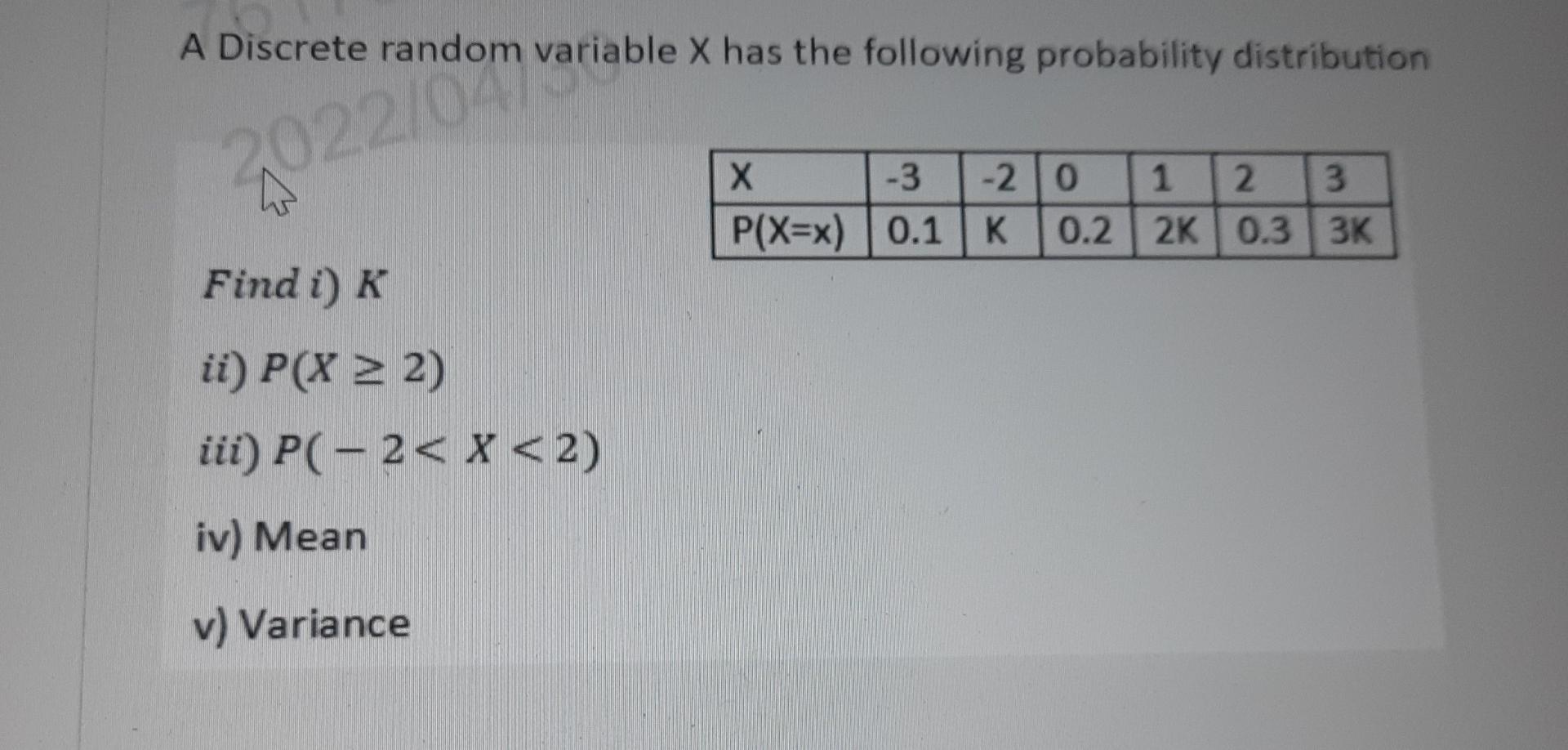 Solved A Discrete random variable X has the following | Chegg.com