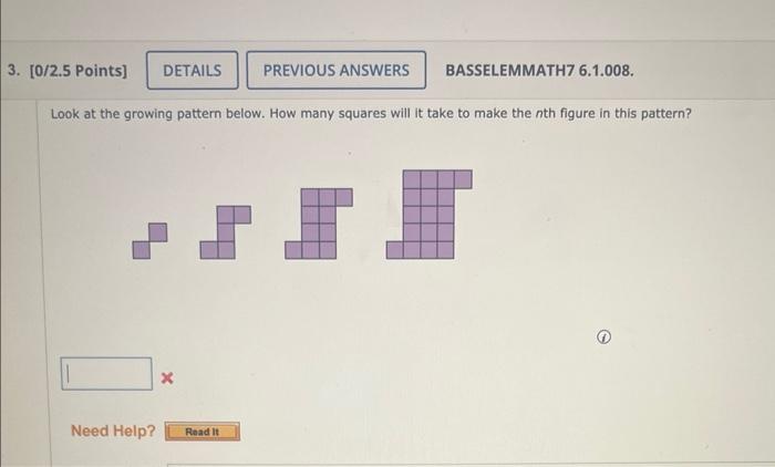 Solved Look at the growing pattern below. How many squares | Chegg.com