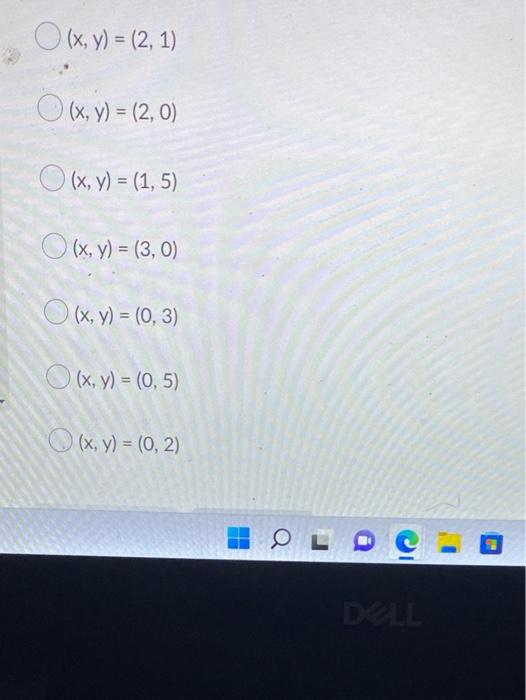 \( (x, y)=(2,1) \) \( (x, y)=(2,0) \) \( (x, y)=(1,5) \) \( (x, y)=(3,0) \) \( (x, y)=(0,3) \) \( (x, y)=(0,5) \) \( (x, y)=(