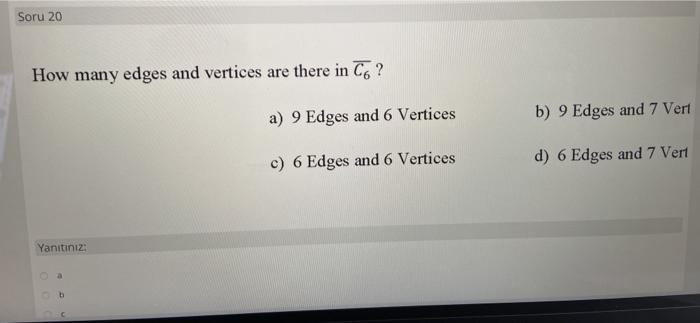 Solved Soru 20 How many edges and vertices are there in C6 ? | Chegg.com