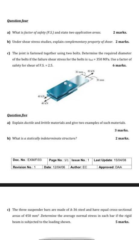 Solved Question four a) What is factor of safety (F.S.) and | Chegg.com