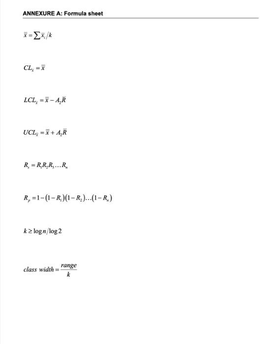 xˉ=∑xˉi/k CLx=xˉ LCLxˉ=xˉ−A2Rˉ UCLxˉ=xˉ+A2Rˉ | Chegg.com