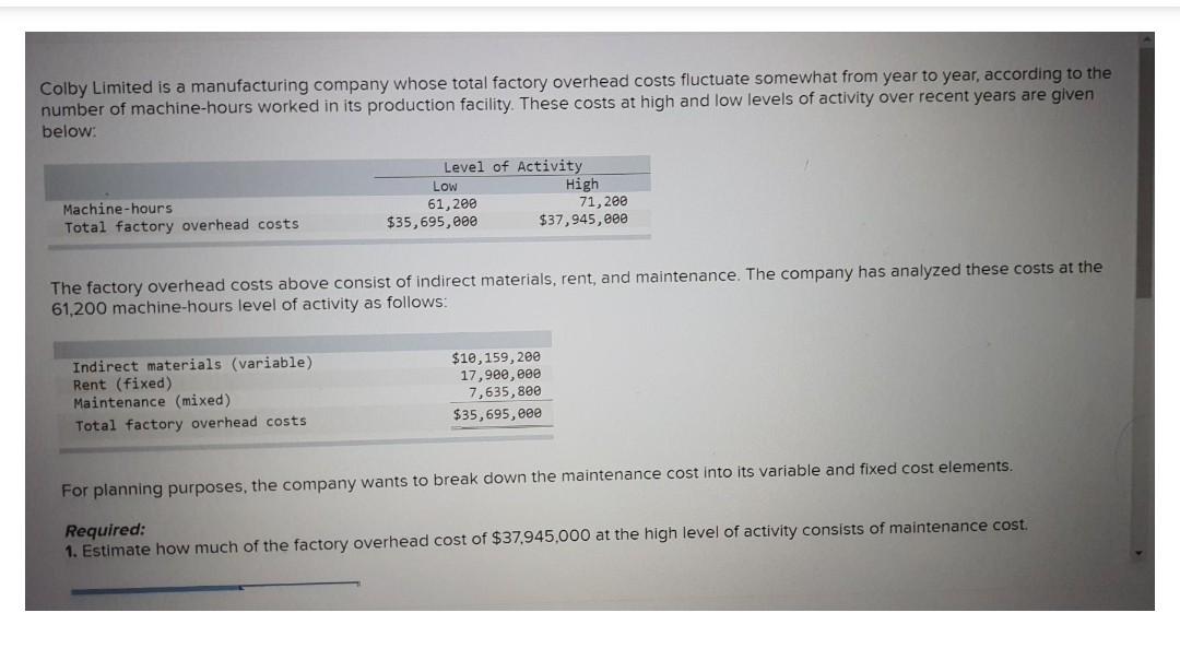 Solved Colby Limited Is A Manufacturing Company Whose Total | Chegg.com