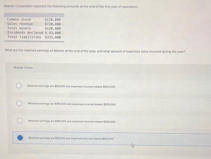 Solved Atiantic Corporation reported the following amounts | Chegg.com