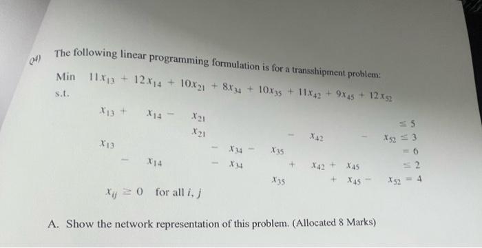 Solved The following linear programming formulation is for a | Chegg.com