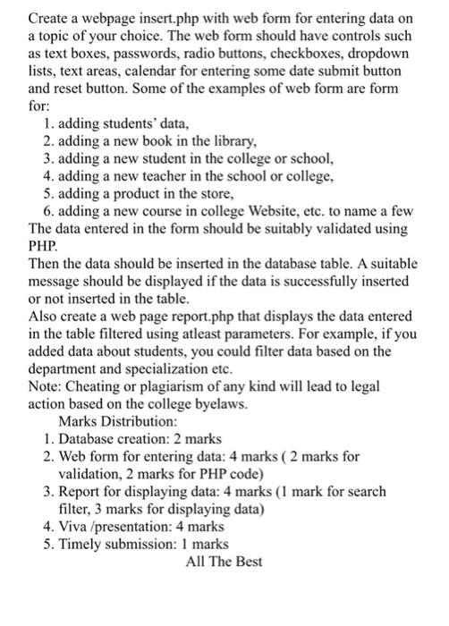 Solved Create a webpage insert.php with web form for | Chegg.com