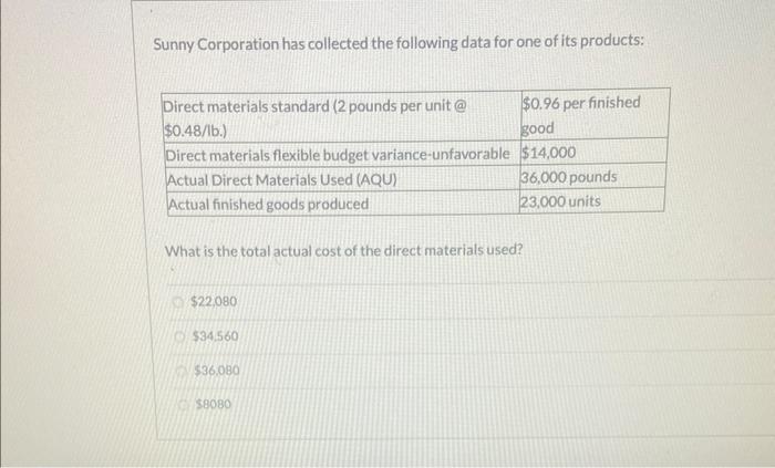 Solved Sunny Corporation Has Collected The Following Data | Chegg.com