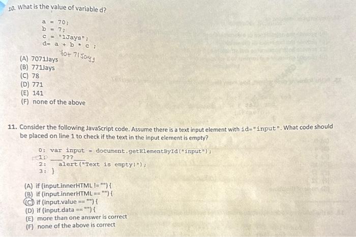 Solved 10. What is the value of variable d ? a=70b=7c=
