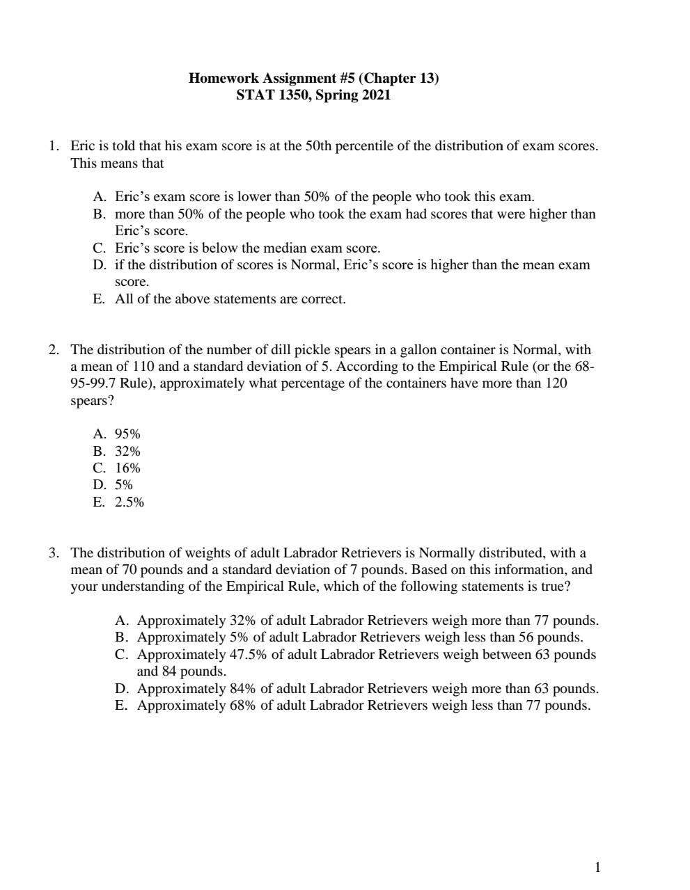Solved Homework Assignment #5 (Chapter 13) STAT 1350, Spring | Chegg.com