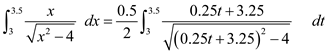 x S.²³. dx √√x²-4 0.5 3.5 2 3 0.25t+3.25 (0.251 +3.25)² -4 dt