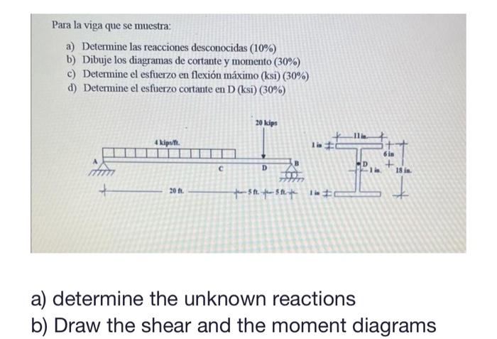 Para la viga que se muestra: a) Determine las reacciones desconocidas \( (10 \%) \) b) Dibuje los diagramas de cortante y mom