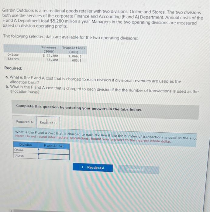 Solved Glardin Outdoors is a recreational goods retailer