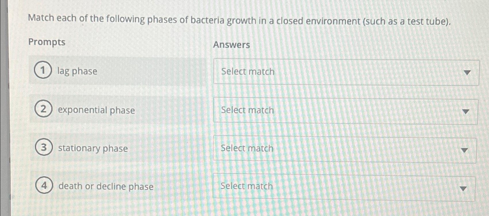 Solved Match each of the following phases of bacteria growth | Chegg.com