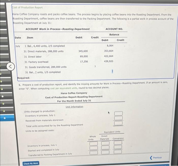 Solved Item Cost of Production Report Hana Coffee Company