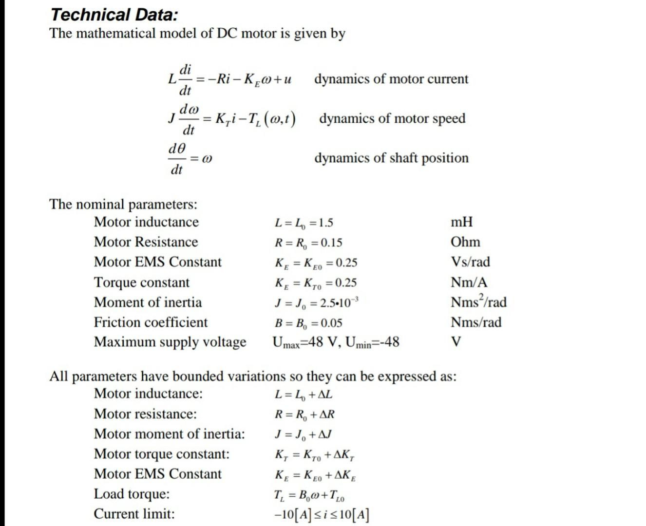 Solved Technical Data The Mathematical Model Of Dc Motor Chegg Com