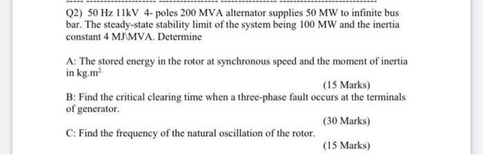 Solved Q2) 50 Hz 11kV 4-poles 200 MVA alternator supplies 50 | Chegg.com