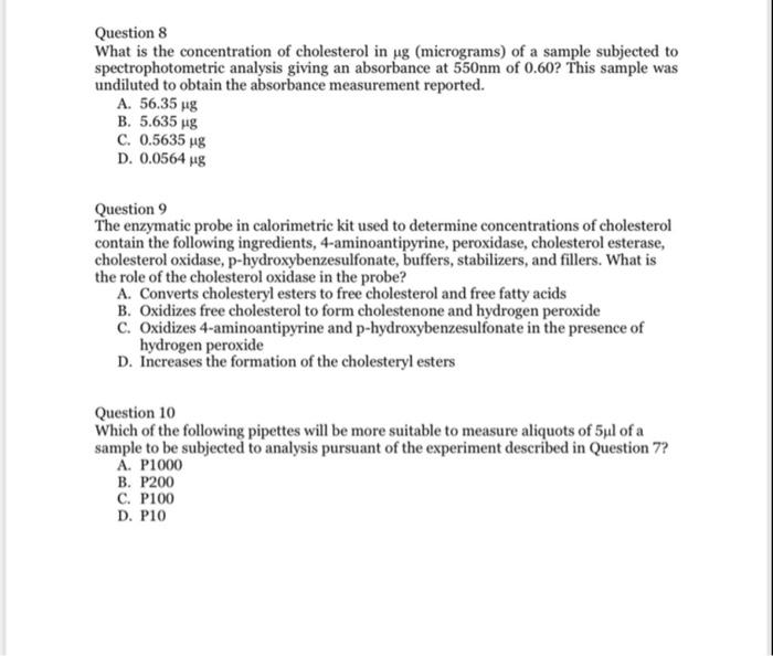Solved Question 8 What Is The Concentration Of Cholesterol Chegg Com