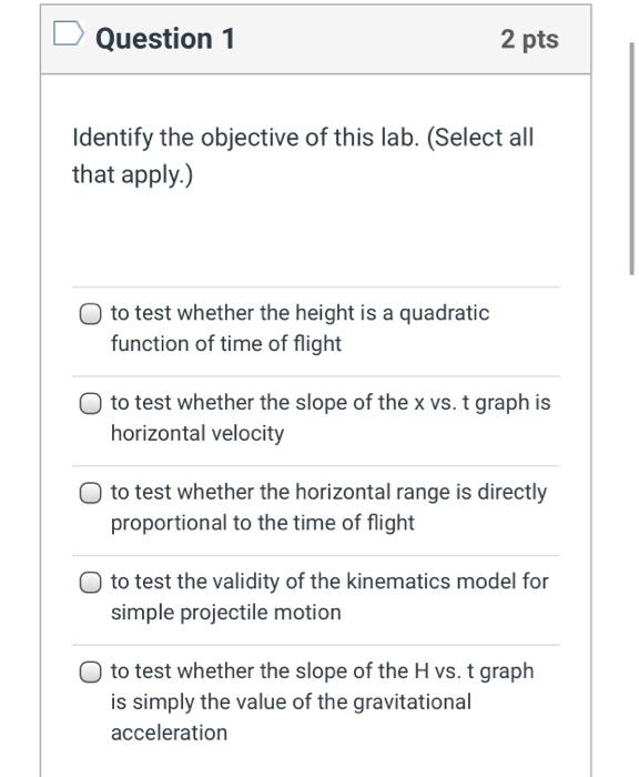 Question 1 2 pts Identify the objective of this lab. | Chegg.com