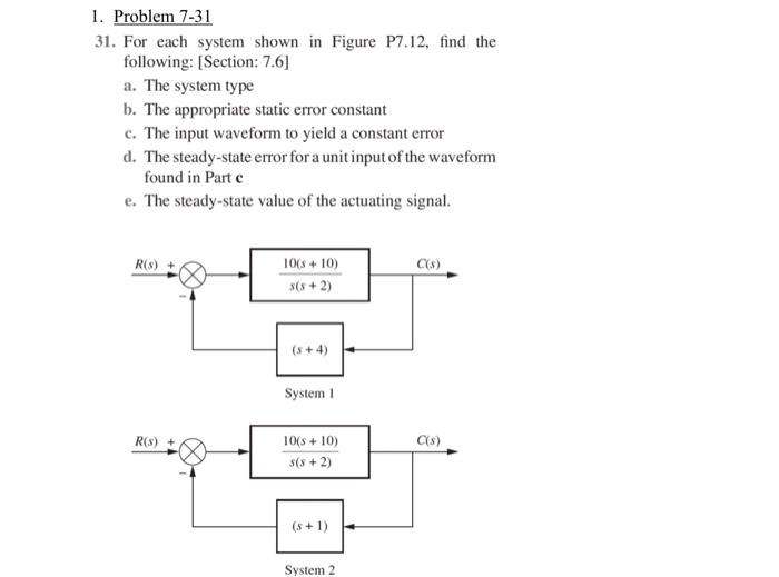 Solved 1. Problem 7-31 31. For each system shown in Figure | Chegg.com