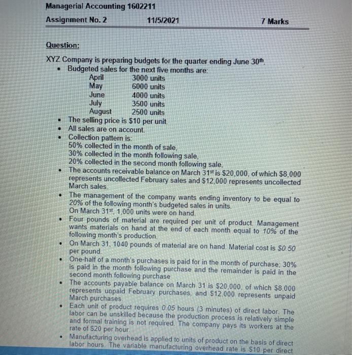 Solved Managerial Accounting 1602211 Assignment No. 2 | Chegg.com
