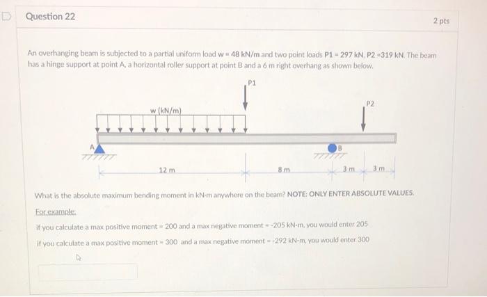 Solved Question 22 2 pts An overhanging beam is subjected to | Chegg.com