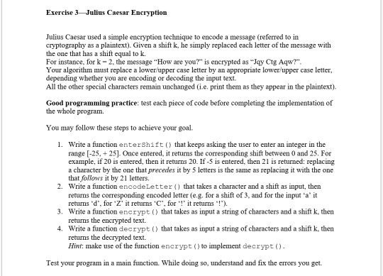 Solved Exercise 3 Julius Caesar Encryption Julius Caesar Chegg Com - solved pps youtube home roblox caesar shift cipher ca chegg com