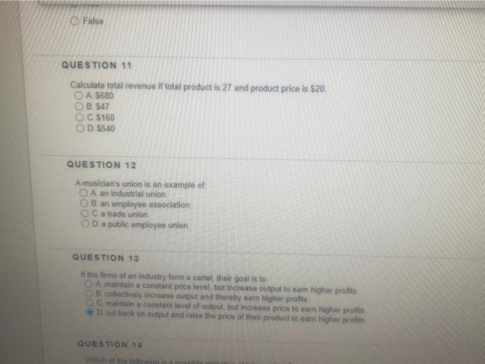 Solved False QUESTION 11 Calculate total revenue if total | Chegg.com