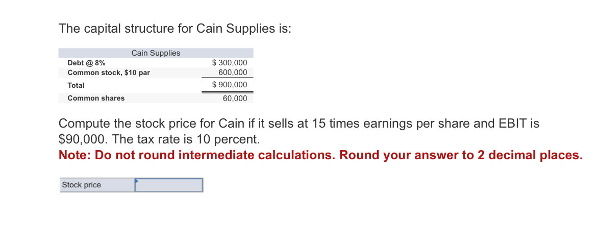 Solved The capital structure for Cain Supplies | Chegg.com