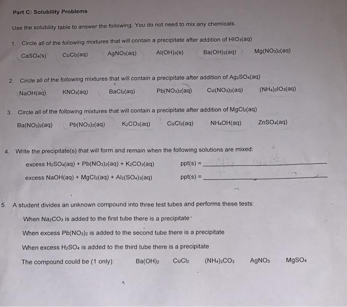 Solved Solubility Table Name 103 Ci So Co No Oh Few Chegg Com