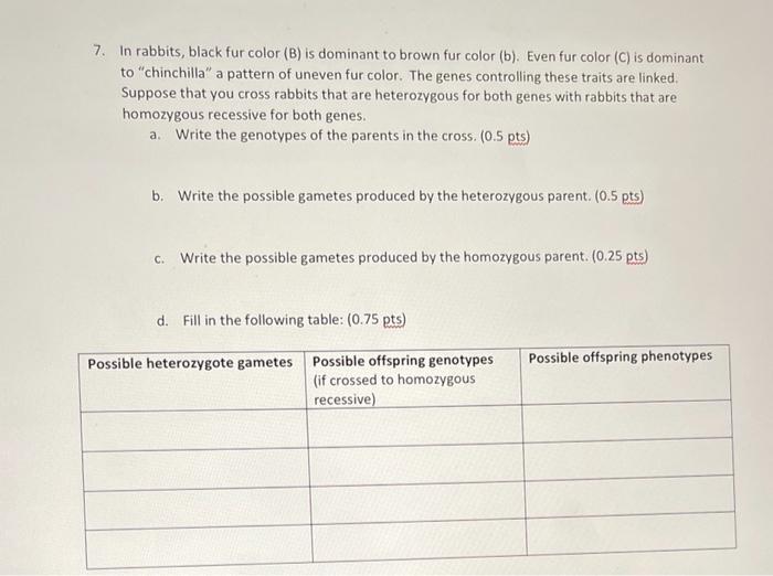 Solved 7. In Rabbits, Black Fur Color (B) Is Dominant To | Chegg.com