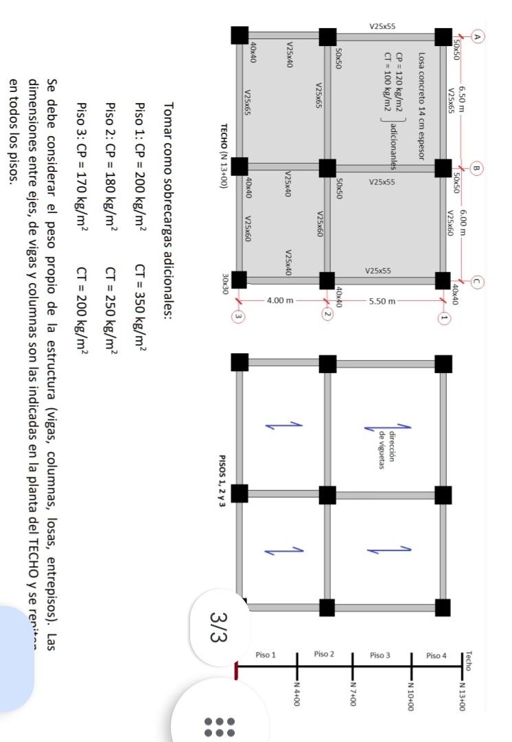 Tomar como sobrecargas adicionales: Piso 1: \( \mathrm{CP}=200 \mathrm{~kg} / \mathrm{m}^{2} \quad \mathrm{CT}=350 \mathrm{~k