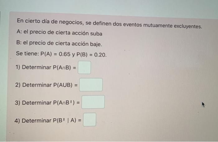 En cierto día de negocios, se definen dos eventos mutuamente excluyentes. A: el precio de cierta acción suba B: el precio de