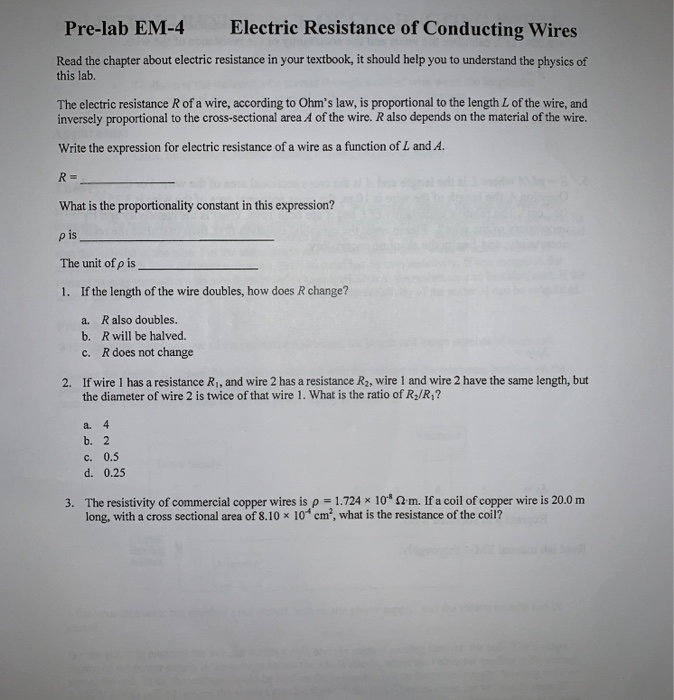 Solved Pre-lab EM-4 Electric Resistance of Conducting Wires | Chegg.com