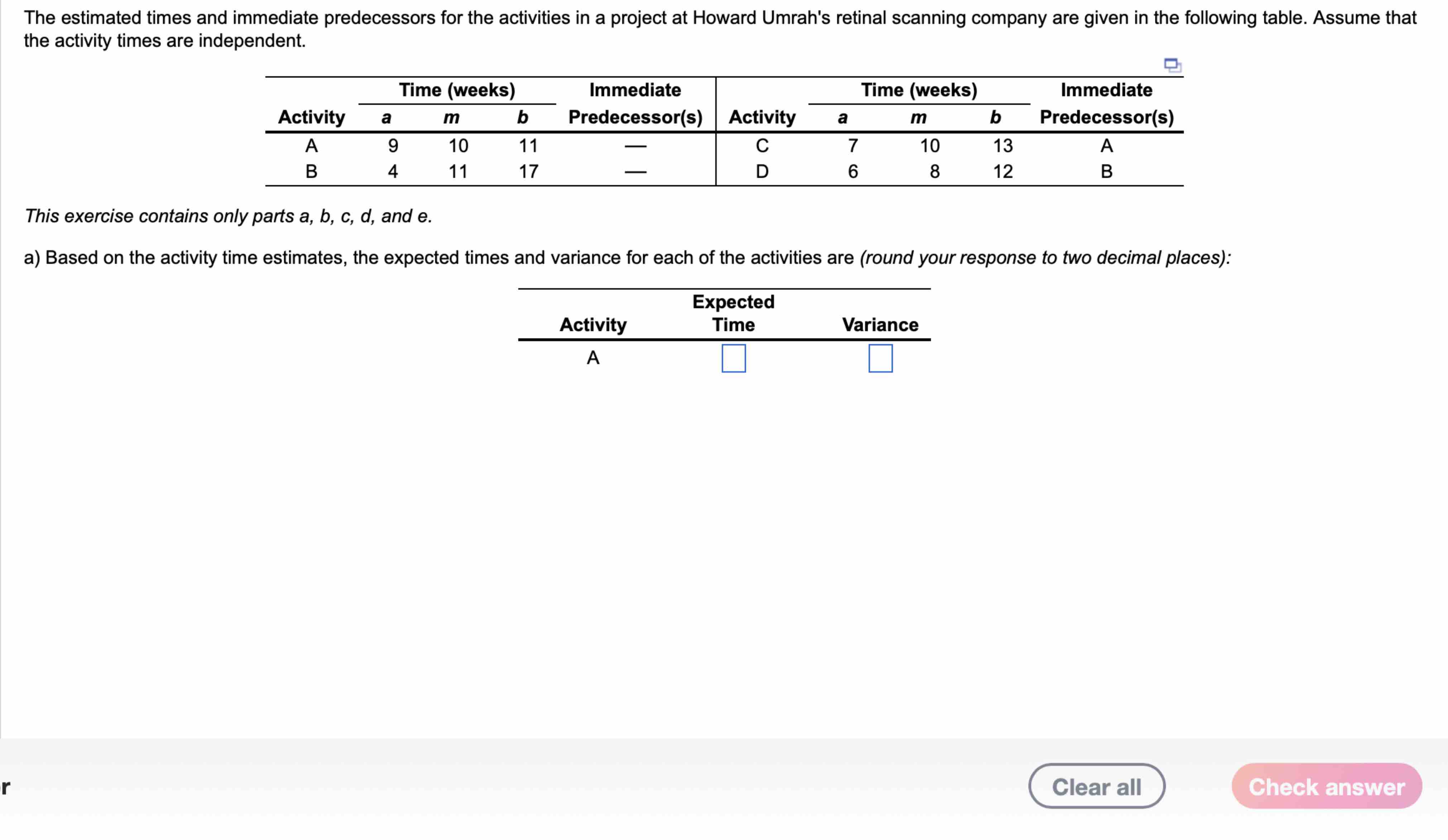 Solved The Estimated Times And Immediate Predecessors For | Chegg.com