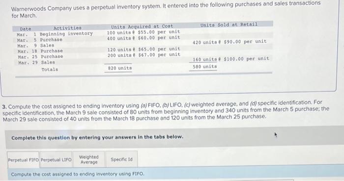 Wamerwoods Company uses a perpetual inventory system. It entered into the following purchases and sales transactions for Marc
