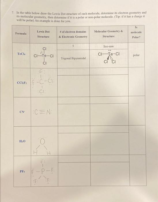 Solved 7. In the table below draw the Lewis Dot structure of | Chegg.com