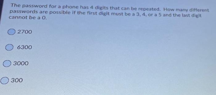 Solved The password for a phone has 4 digits that can be | Chegg.com ...