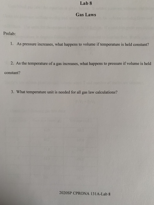 Solved Lab 8 Gas Laws Prelab 1. As pressure increases, what
